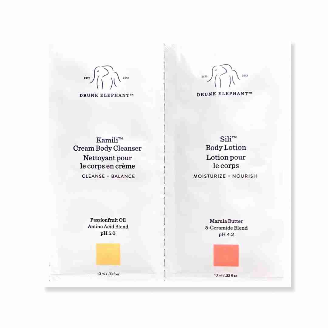 Drunk elephant kamili cream body cleanser + sili body lotion sample duo - 10ml x 2