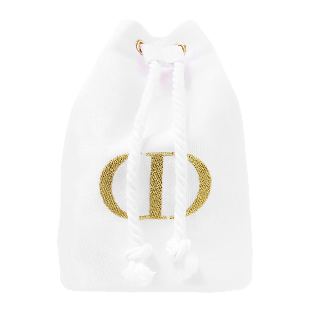 White drawstring bag with golden logo detail.