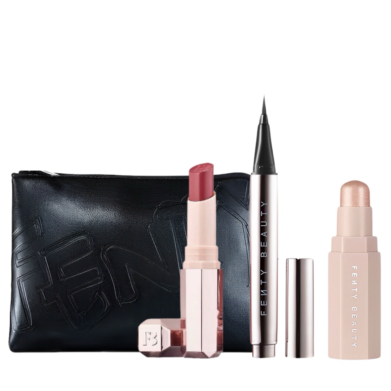 Fenty Beauty makeup products with black cosmetic bag.